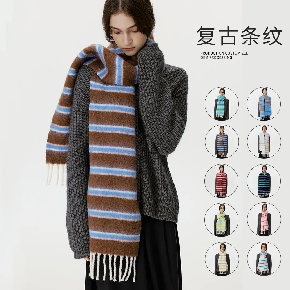 

2025Cross border NewColor Contrasting Striped Grid Women's Scarf Essential forWinter Thickened Warmth Outer Straw Couple's Style