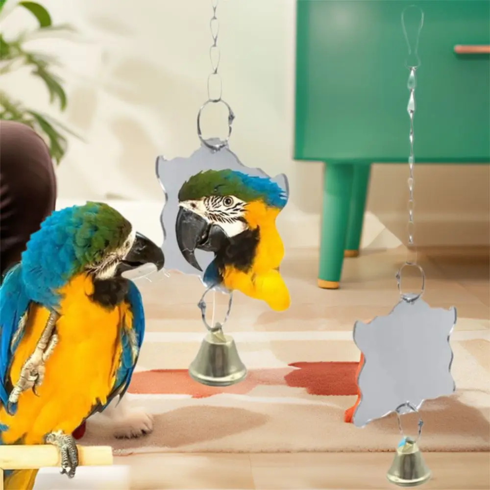 

Budgie Toy Acrylic Bird Cage Mirror Durable Hanging Parrot Bell Toy Square Mirror Bell Hang for Parakeet Cockatiel Finch