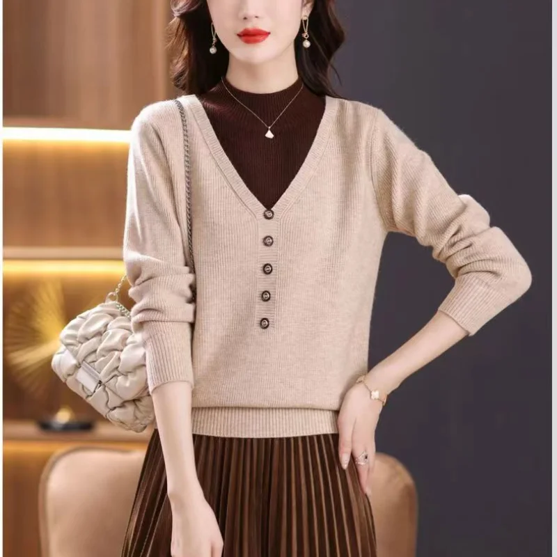 Autumn Winter New Versatile Oversize Women's Clothing Fashion Splice Buttons Half High Collar Long Sleeve Solid Color Pullover
