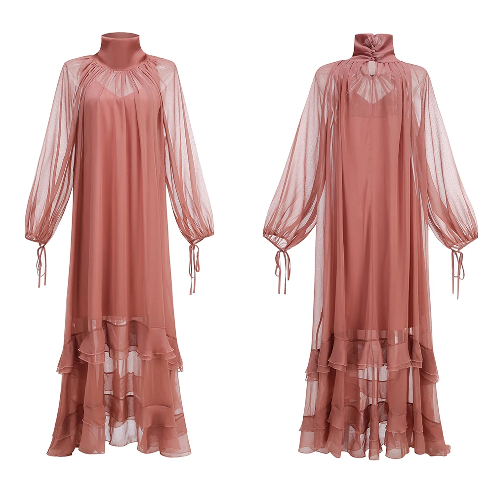 Casual ronde hals, lange mouwen, pure mesh resort maxi-jurk, elegante gesmokte gelaagde, vloeiende strandlange jurken, feestvakantie-outfits