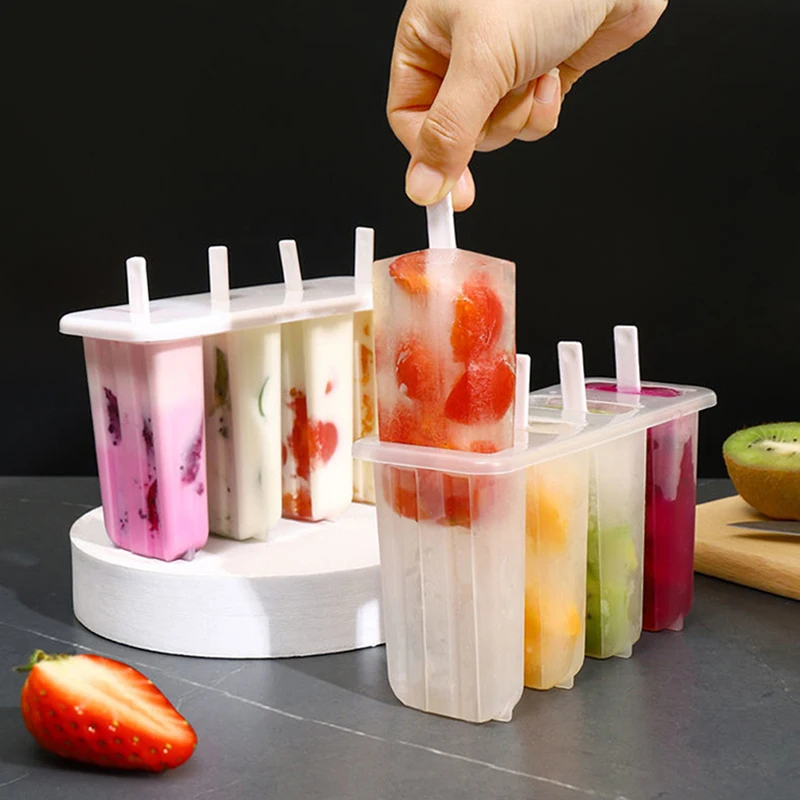 New【4Grids Summer Ice Cream Mold DIY Reusable Ice Popsicle Mold With Sticks & Lid Ice Maker Tray Creative Kitchen Gadgets】