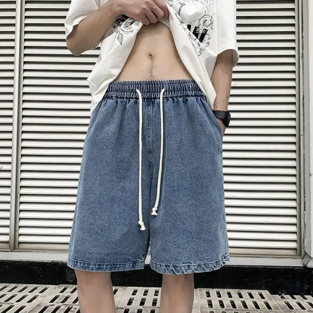 Men Denim Shorts Adjustable Drawstring Denim Fabric Shorts Elastic Waistband Men's Denim Shorts Adjustable Drawstring for A