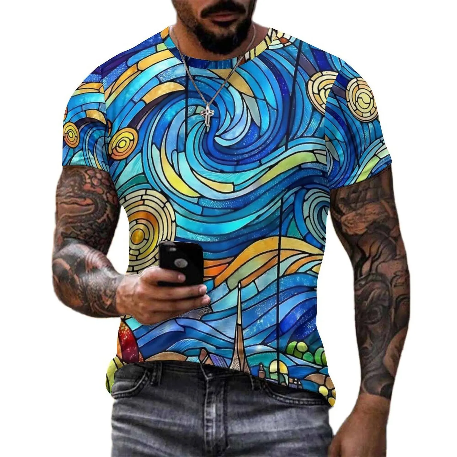 The Starry Night T Shirt Stained Glass Print Harajuku T Shirts Man Y2K Tshirt Premium Short Sleeve Graphic Top Tees Plus Size