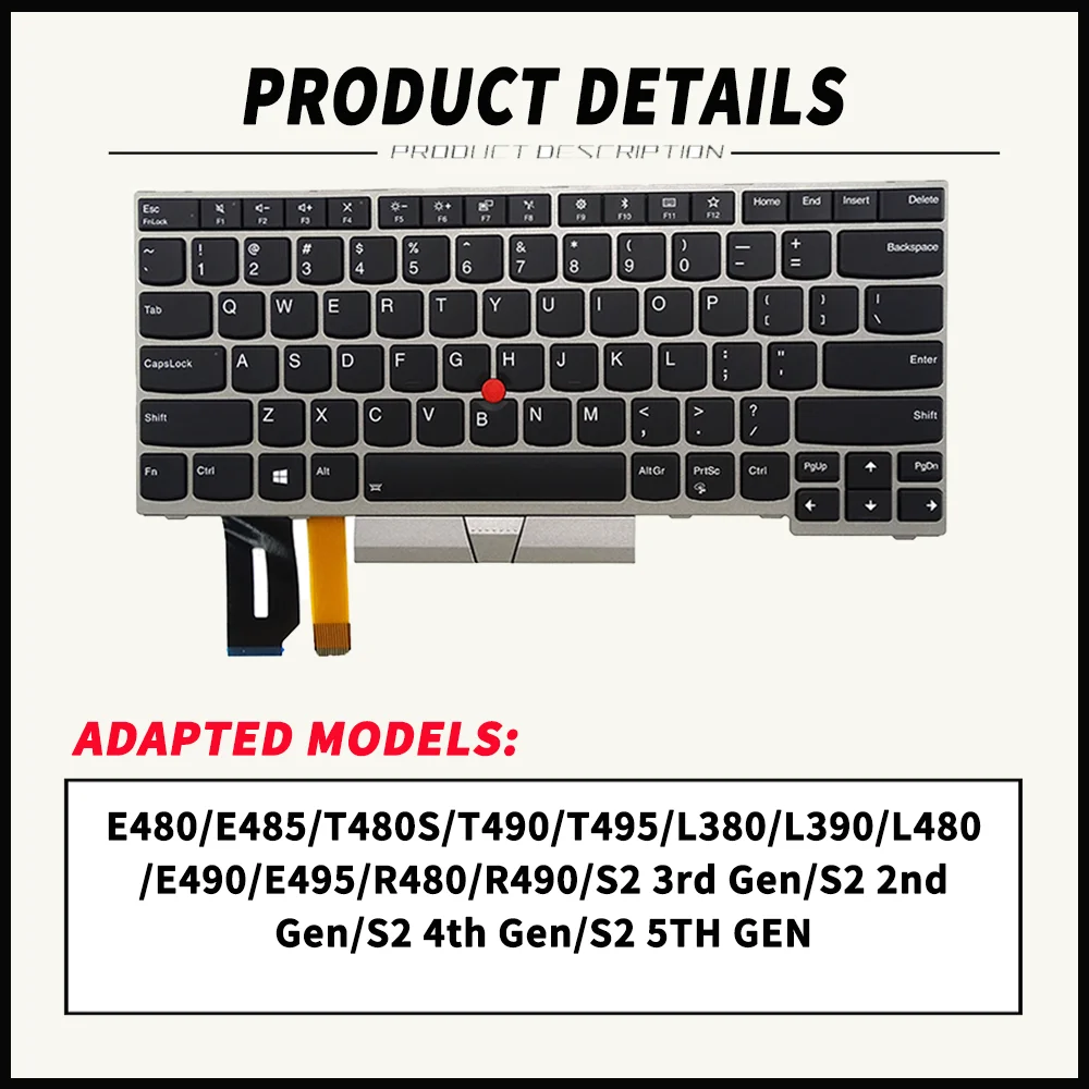 Laptop Replacement Keyboard for Lenovo ThinkPad E480 E485 E490 E495 L380 L390 L480 R480 T480S L490 T490 T495 01YN340 US/UK/SP