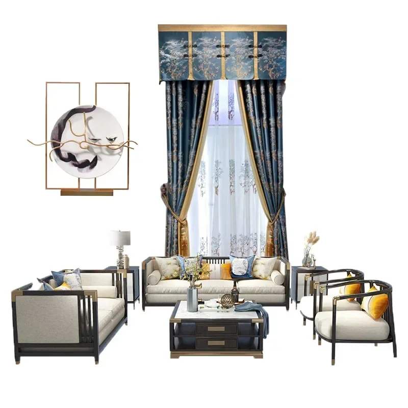 

European Luxury Embroidered Blue Jacquard Curtains for Living Room Bedroom High-end Blackout Curtain Voile Customized Decoration