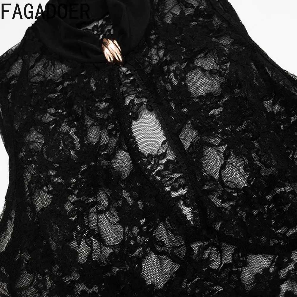 FAGADOER Sexy dentelle voir à travers combinaisons moulantes pour femme évider sans manches fente barboteuses femme Streetwear salopette nouveau