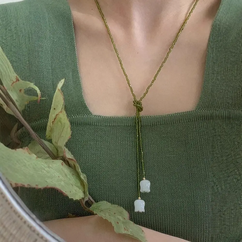 Vintage Lily of The Valley Beads Necklace Pearl Crystal Pendant Necklaces Green Collar Choker Women