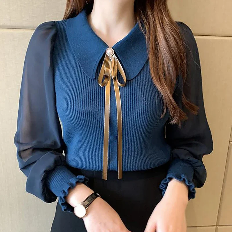Women Chiffon Patchwork Sweater Lantern Sleeve Turn-down Collar Pullover Office Lady Sweater For Women 2024 Autumn