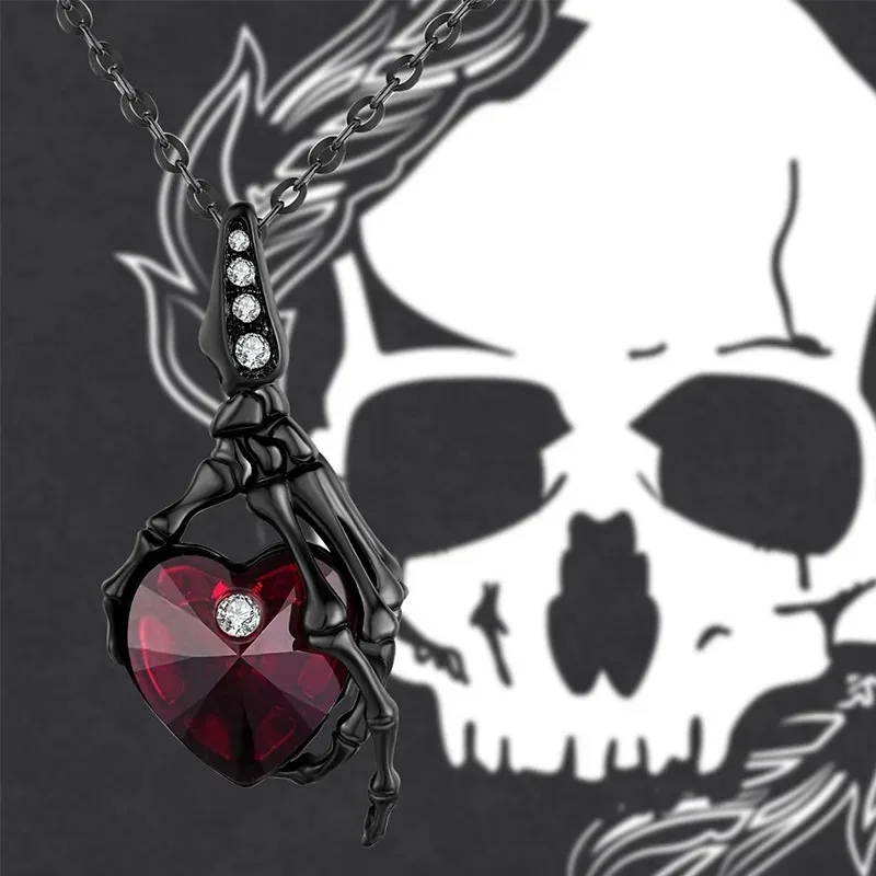 Exaggerated Design Skull Hand Love Necklace Gothic Rhinestone Pendant Retro Metal Collarbone Chain Personality Fashion Accessory