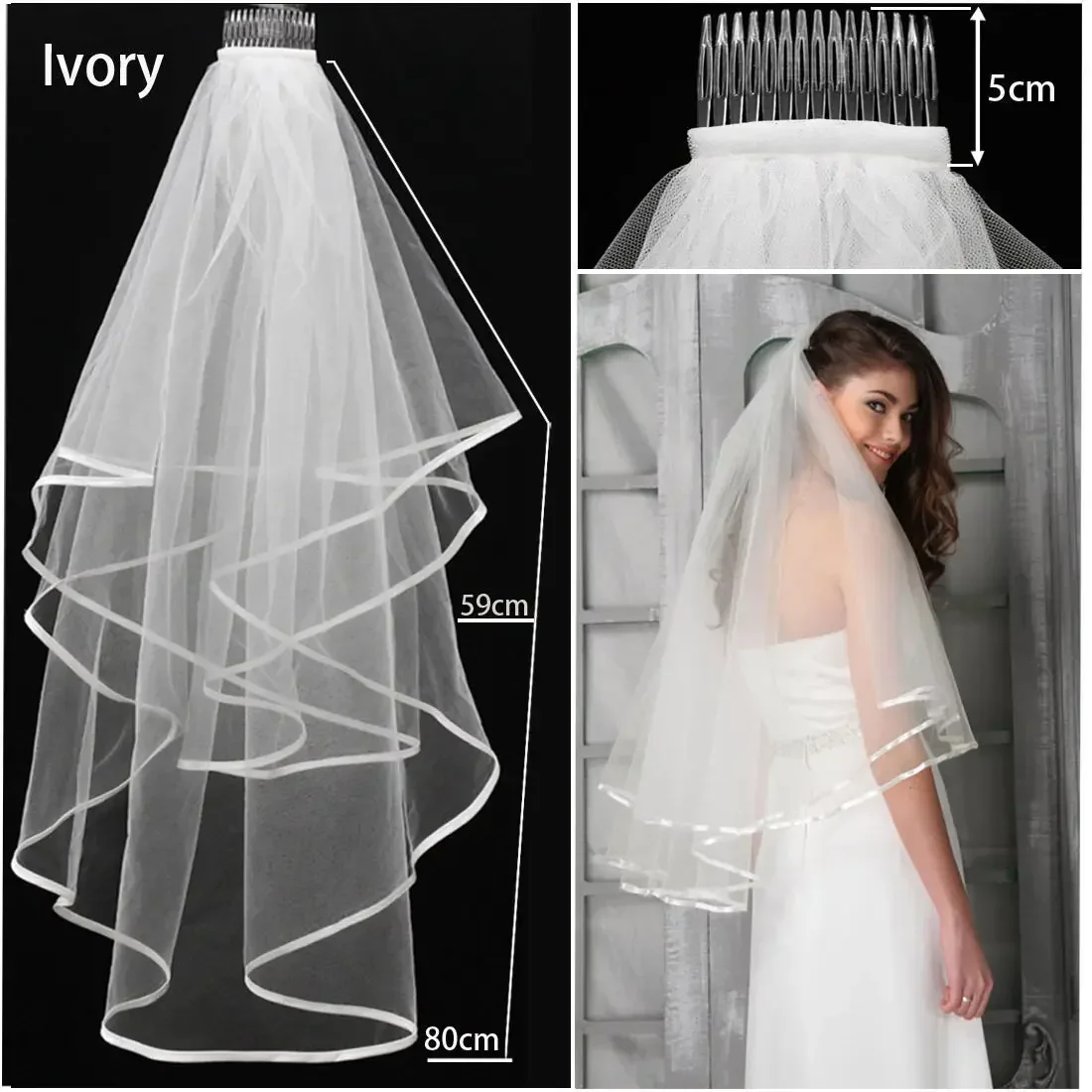 Voile de mariage 2T blanc ou ivoire pour patients, avec peigne en satin, coude élégant