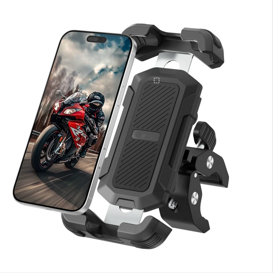 

Shockproof Motorcycle Phone Mount, Quick Release Bike Handlebar Clamp for Bicycle Compatible iPhone 16-11 Pro/Max/Mini