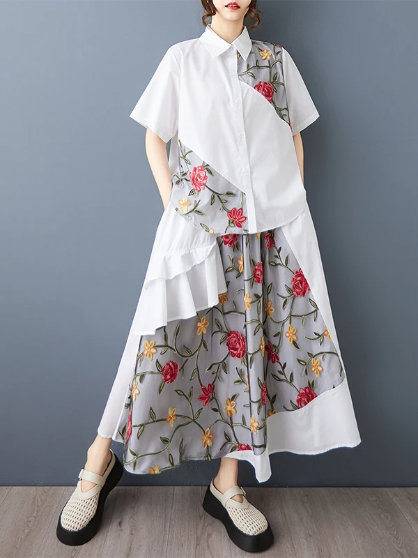 

Summer 2025 Loose Design Sense Spliced Embroidered Me irt Top with Lace Hemline And f Skirt Two-Piece Set Women's Faion
