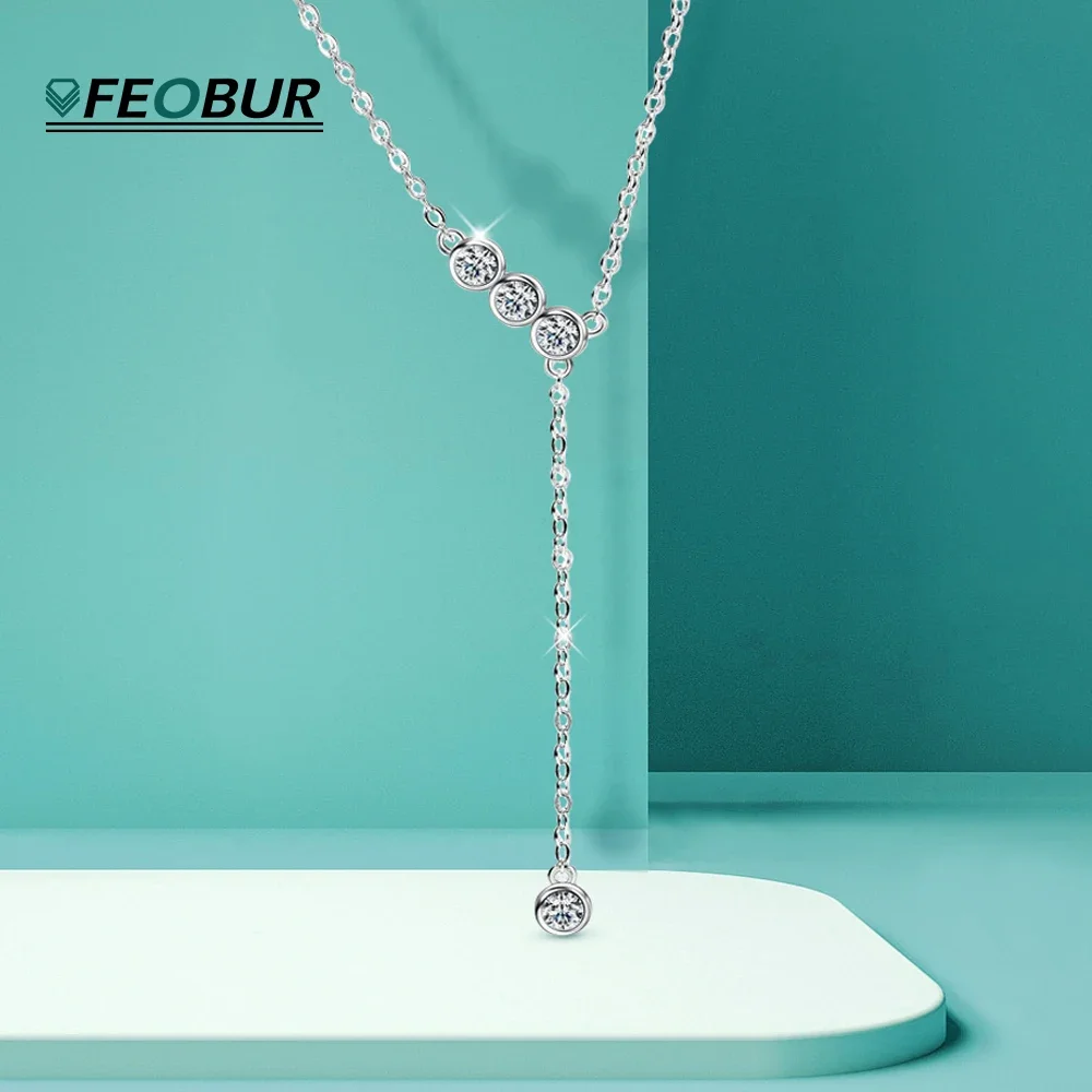 FEOBUR 0.4cttw Full Moissanite Necklace for Women S925 Sterling Silver Y-Shaped Bubble Long Pendant Choker Clavicular Chain