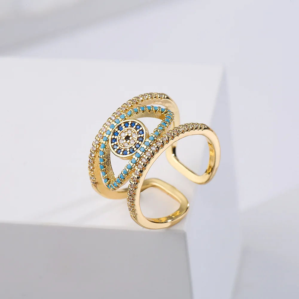 Exquisite 9 Turkish Evil Eye Adjustable Rings For Women Advanced Vintage Bohemian Copper Gold Color Zircon Rings Lucky Jewelry