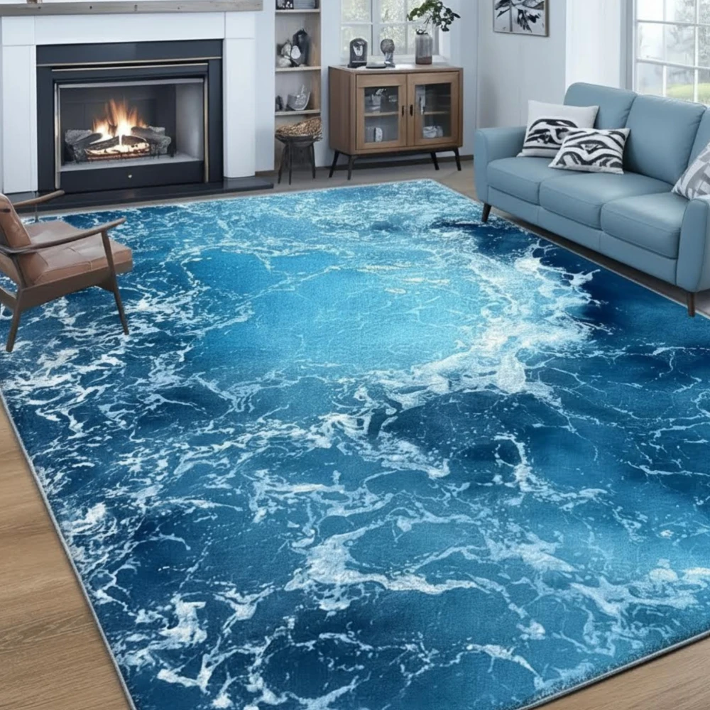 Blue Ocean Sea Wave Print Decor Rug, Realistic Water‑Texture Floor Mat for Living Room, Bedroom, Dining Room Home