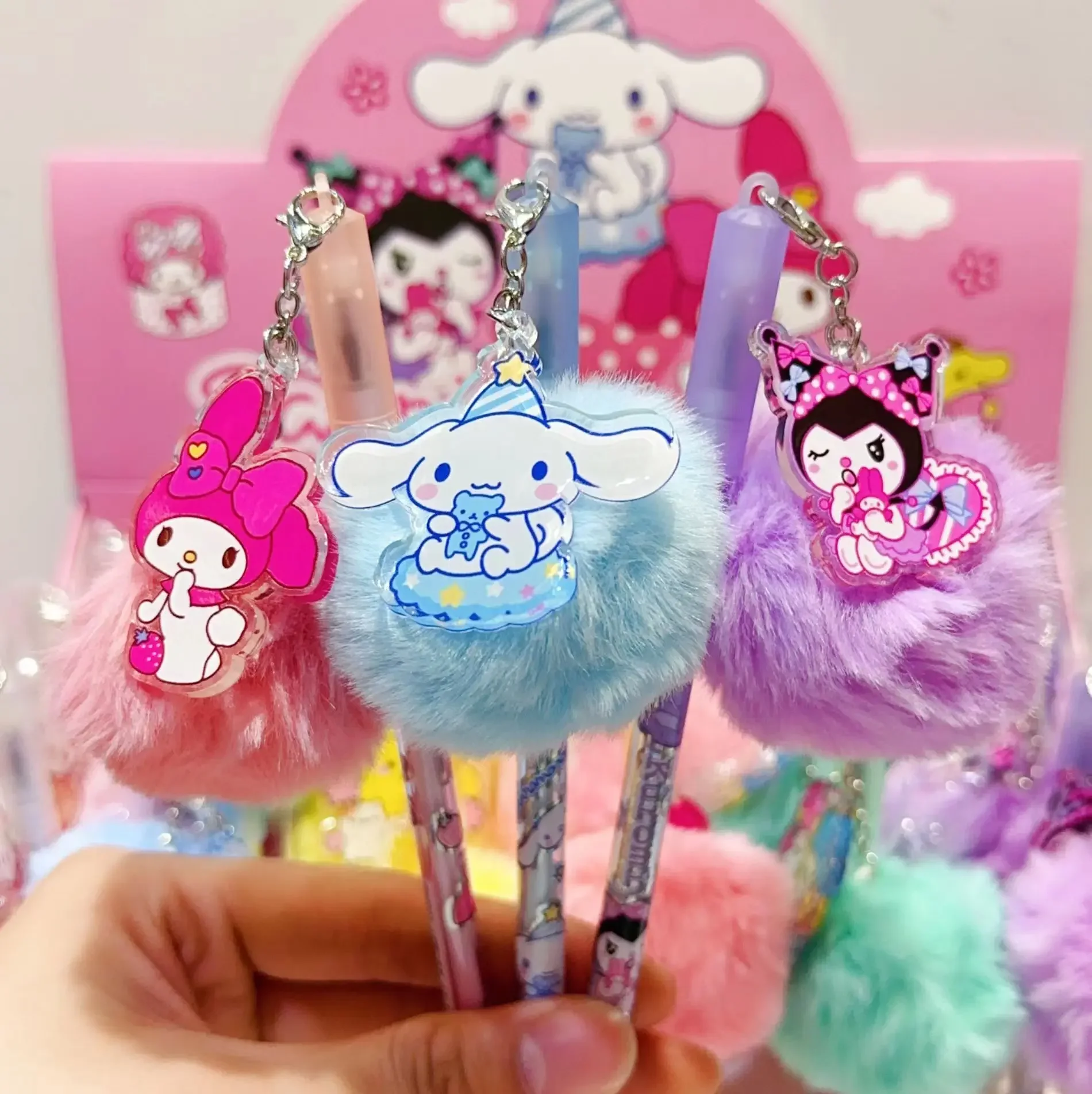 6Pcs Sanrio Cute Plushh Mymelody Kuromi Cinnamoroll Little Twin Stars Pendant plush ball Gel Ink Pens School Stationery gift