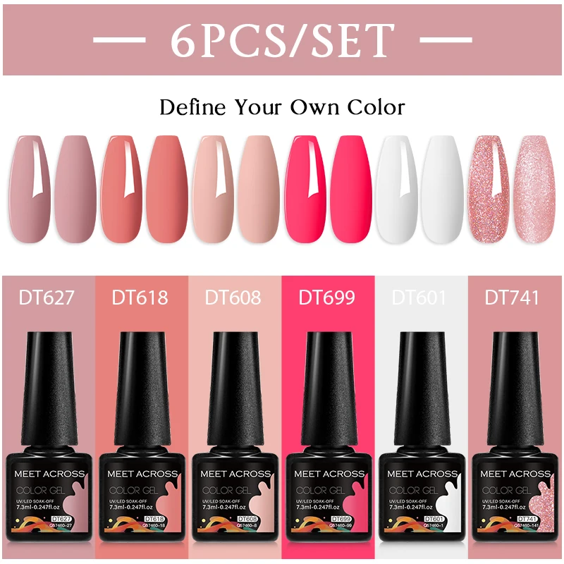 MEET ACROSS 6pcs Gel Nail Polish Set Nude Pink Semi Permanent Soak Off UV LED Gel Polish Kit for Nail Art Manicure DIY Varnishes