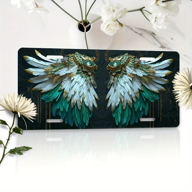 Stylish White with Teal Feathered Wings Aluminum License Plate - 6X12 Inches, Waterproof and Rust-proof Car Front Trim