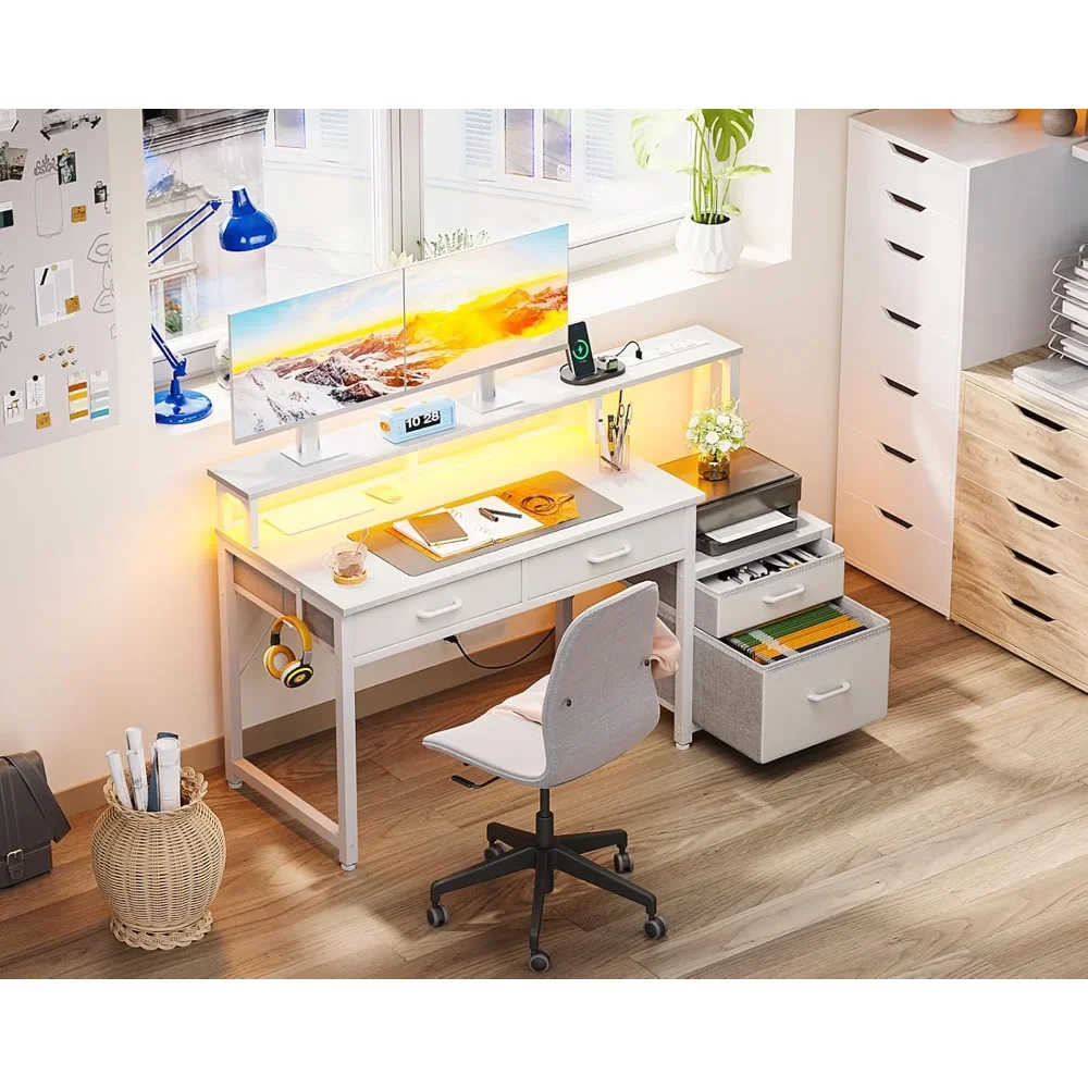 

Computer Desk with 4 Drawers, 48 Inch Reversible Desk with Led Lights & Power Outlet, Office Desk with File Drawer