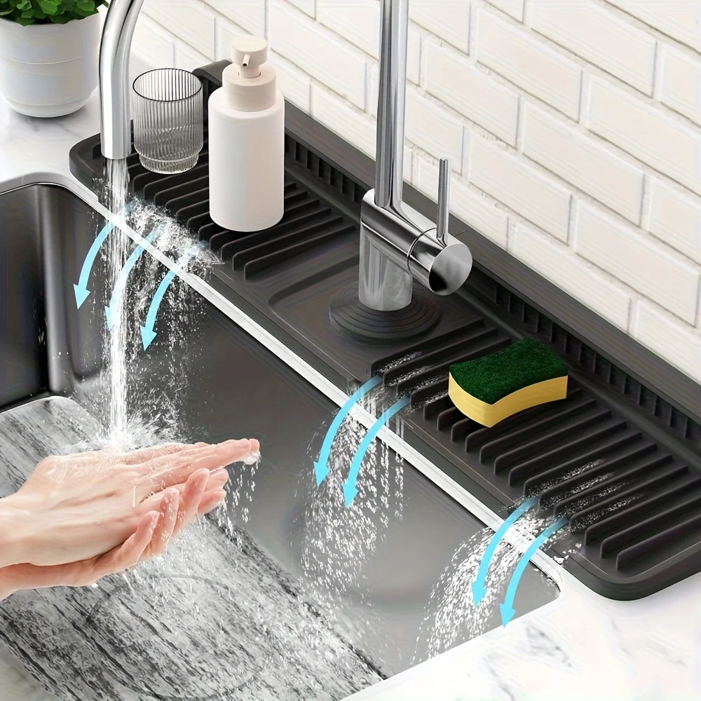 Kitchen Sink Splash Guard with 7° Slope Design | Quick Drain Faucet Mat, Snap-On Fixation | Splash Catcher for Kitchen