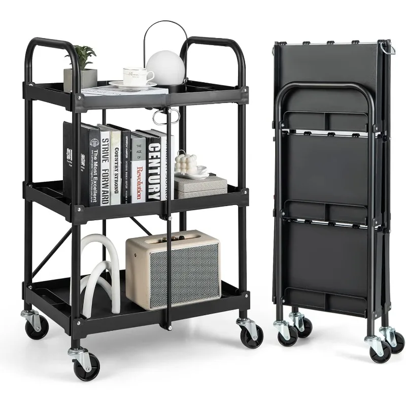 Goplus Folding Utility Cart, 3-Tier Rolling Tool Cart w/Lockable Wheels, Divided Storage Compartments, Collapsible Metal