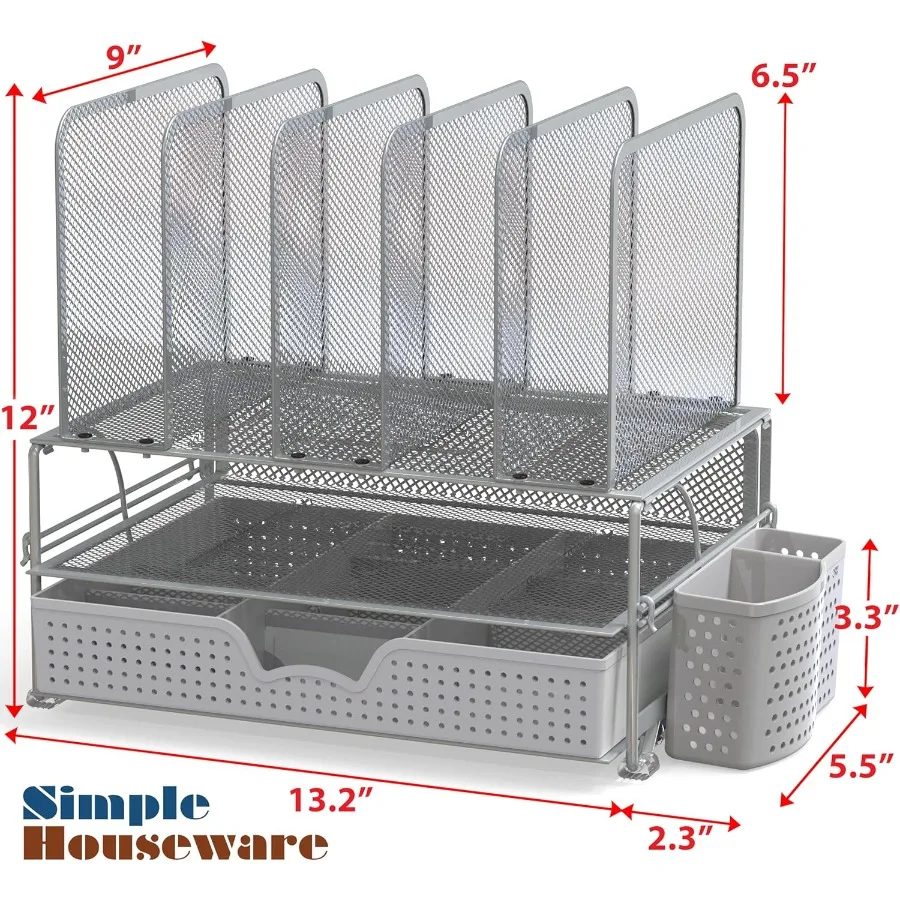Organizer Meja Modern dengan Laci Geser, Dua Rak, dan 5 Sekat Tegak untuk Penyimpanan Kantor yang Efisien dan Pengaturan Kabel