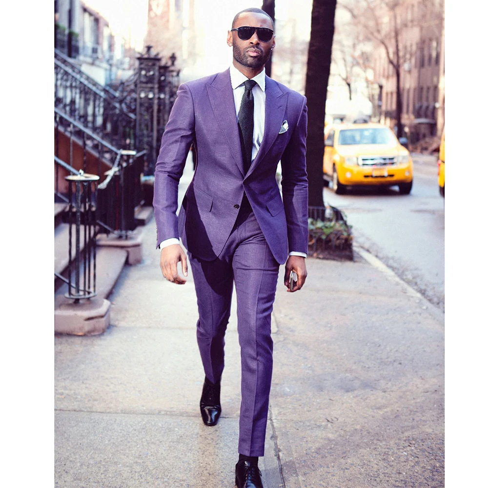 New Arrival Male Suit Purple Peak Lapel Two Buttons Blazer Business Groom Wedding Tuxedo Casual Slim Fit 2 Piece Jacket Pants