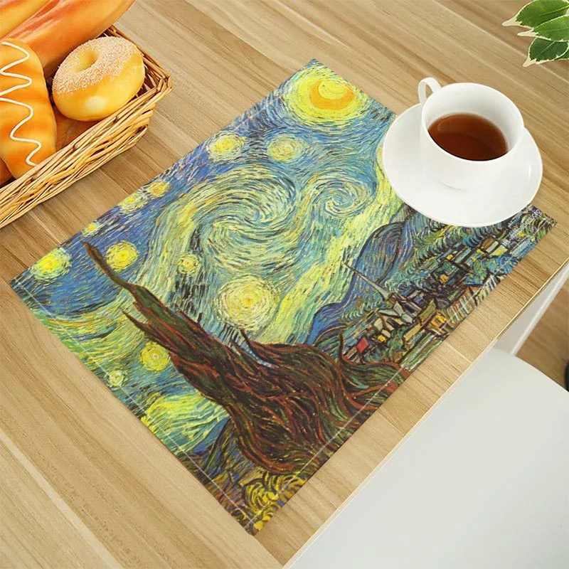 Van Gogh The Starry Night Print Linen Dining Table Mats Alphabet Kitchen Placemat 30X40cm Coasters Pads Bowl Cup Mat