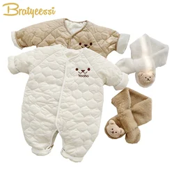 Bear Baby Winter Jumpsuit Scarf 2Pcs Autumn Toddler Outfit Set Fleece Korean Newborn Romper for Boys Girls Clothes Infant Onesie