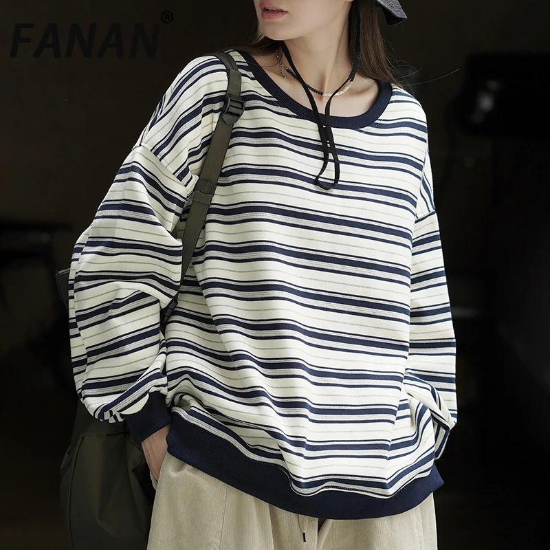 

FANAN Vintage Striped Contrast Color Pullover Sweatshirt For Women Round Neck Long Sleeve Casual Loose Tops 2025 Autumn New