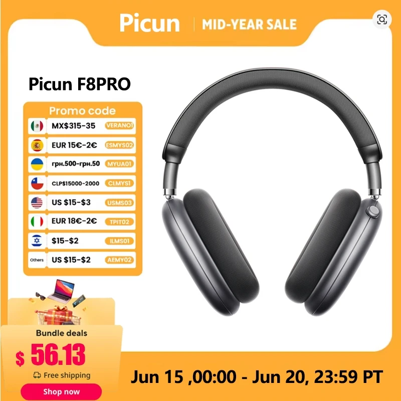 Picun F8 Pro ANC Bezprzewodowe słuchawki 3D Spatial Audio Head Tracking -52dB ANC HIFI Bluetooth Headset ENC HD Mic Low-Latency APP