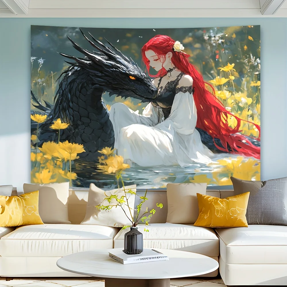 tapecaria-elegante-de-poliester-com-menina-de-pelo-vermelho-e-dragao-preto-na-cena-natural-servia-perfeita-para-sala-de-estar-quarto