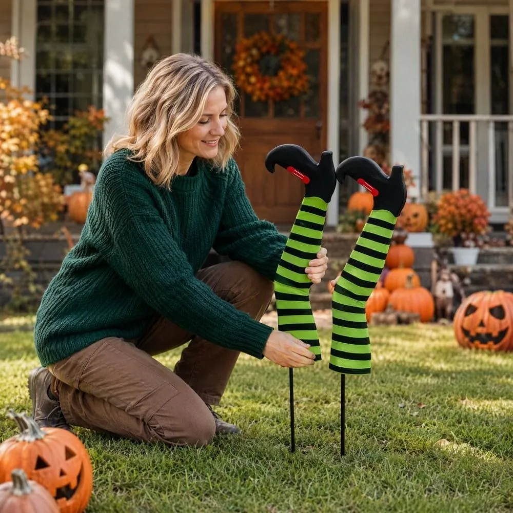 6pcs Striped Print Halloween Yard Stakes Pumpkin Bat Upside Down Witch Feet Lawn Decor Skull Plastic Witch Legs Decoration