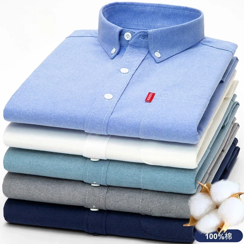 LIBIELIY 100% Pure Cotton Men's Solid Color Long Sleeve Shirt Youth Casual Cotton Oxford Spun Large Size Shirt Men's