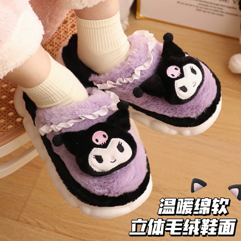 Sanrio Kuromi Home Slippers Cute My Melody Cinnamoroll Plush Cotton Women Home Shoes Non-Slip Shoes Foot Feel Comfortable Gifts