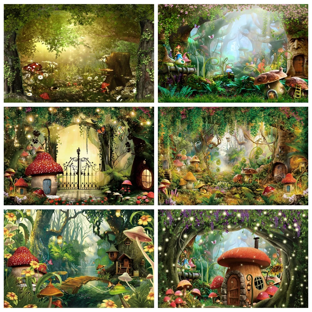 Fairy Tale Enchanted Forest Backdrop Wonderland Dreamy Jungle Mushroom Baby Birthday Party Photography Background Photo Studio