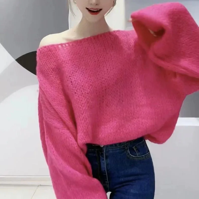 Korean Fashion Off Shoulder Sweater Pullover for Women Elegant Oblique Collar Knitted Jumpers Wild Lantern Sleeve Loose Sweaters