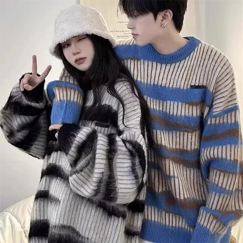 

plus Size 300 Pou Lazy Stripe Knit Sweater Men Women Autumn Winter Thi Warm Couple's Clothing Soft Loose Fit Casual Sle