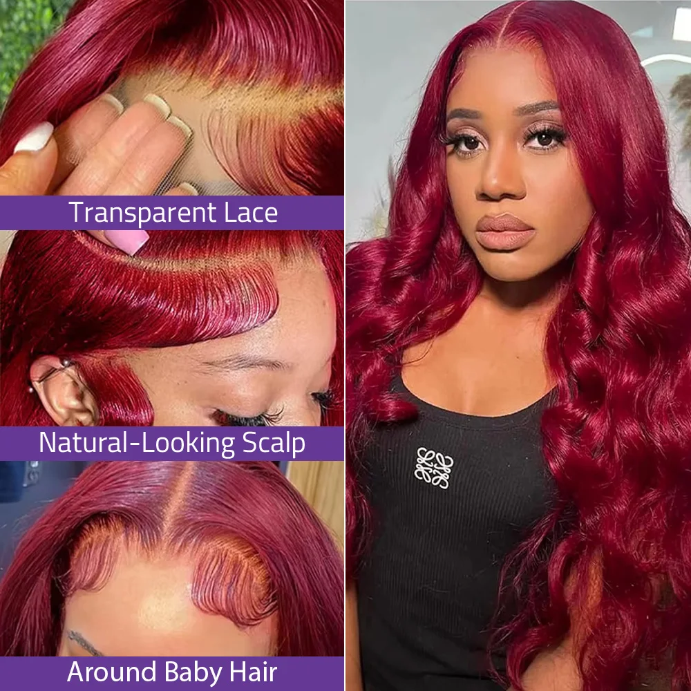 Perruque Lace Front Wig brésilienne naturelle, cheveux Body Wave, bordeaux, 13x4, 30 36 pouces, 13x6 HD, dentelle transparente, couleur 99J