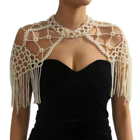 Ladies Fashion Pearl Dress Shoulder Shawl Handmade Beading Body Chain Accessory Elegant Evening Wear Jewelry