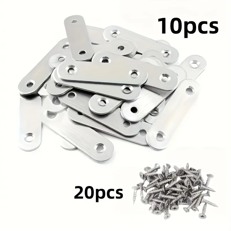 10Pcs Flat Straight Brackets Fixing Corner Brackets for Wood with Screws Universal Stainless Steel Furniture Corner Connector