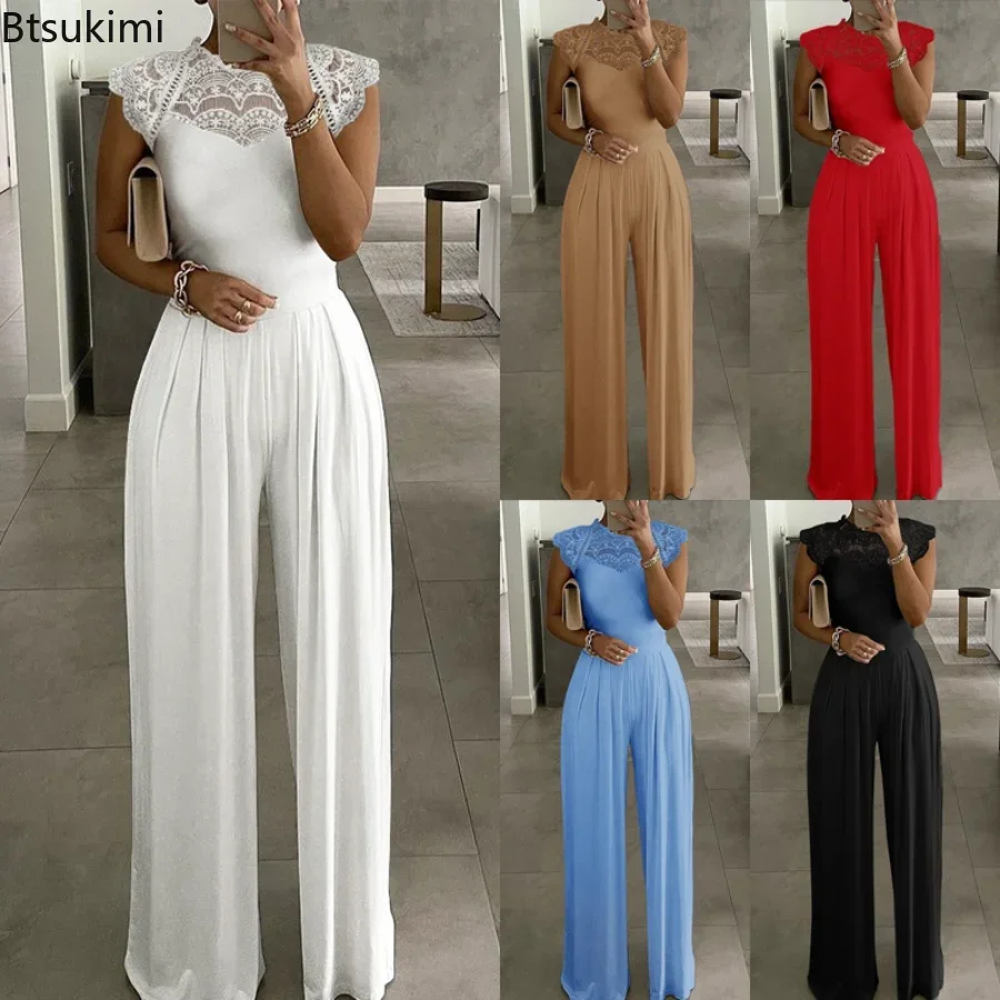 New 2024 Women\'s Summer Casual Jumpsuit Solid Sexy Hollow Out  Elegant Jumpsuits for Girls Wide Leg Sleeveless Rompers Outfits