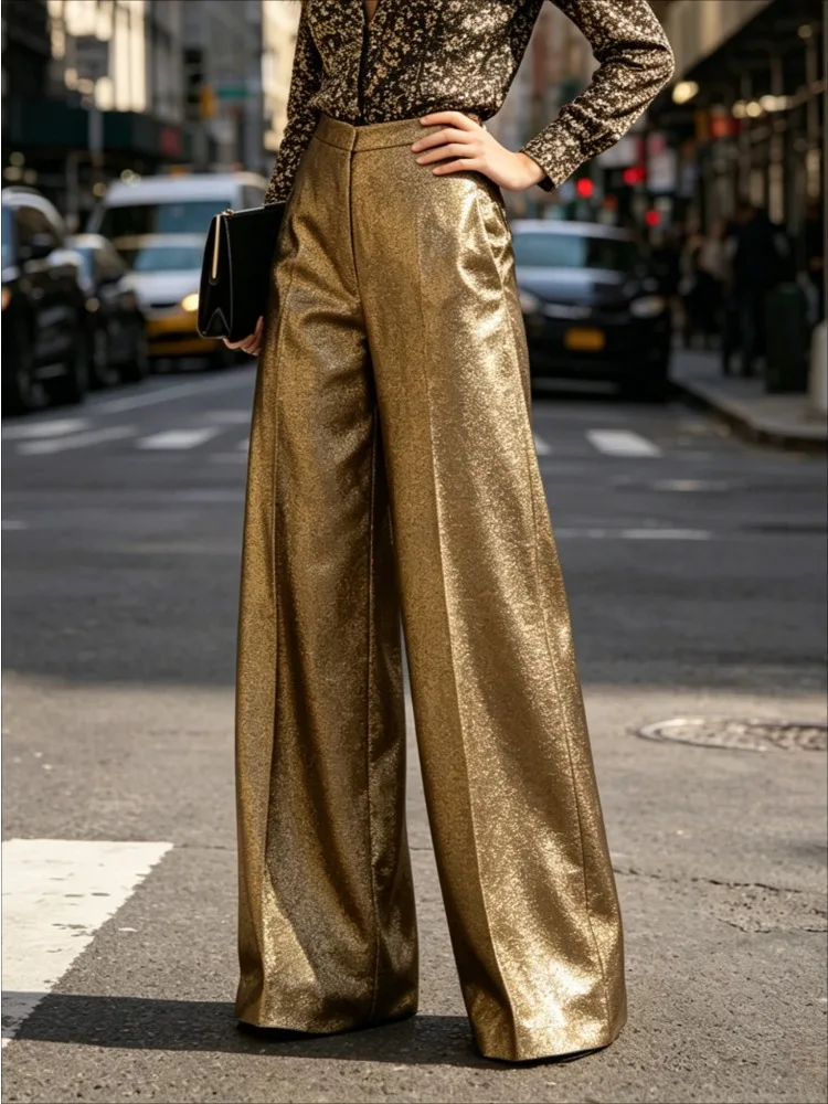 

Trendy Gold Color Pants Wide Leg for Women 2026 New Full-length Loose Casual Going Out High Waisted Trousers Bottoms