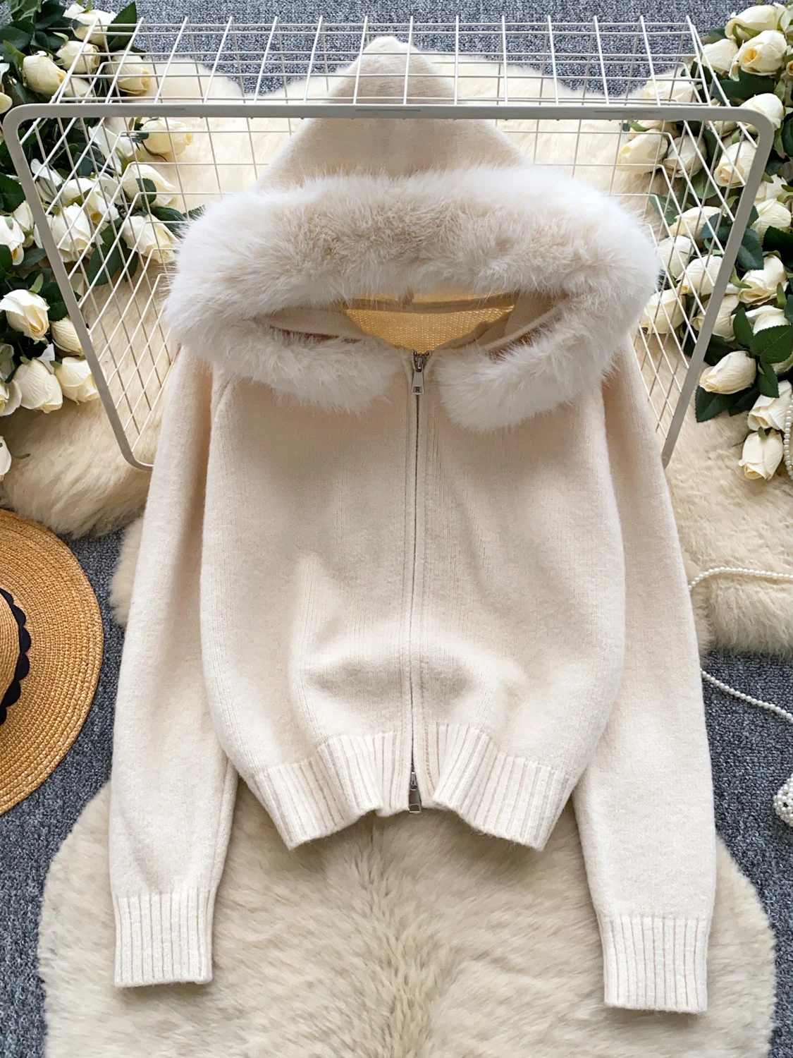 

Soft Wind Versatile Anti-Aging Fur Splicing Long Sve Knitted Jaet Women Autumn Winter Loose Slimming Open Cardigan Sweater