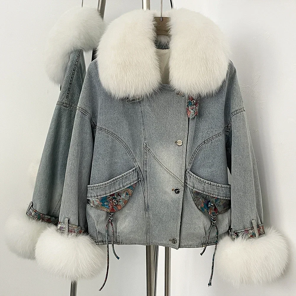 المرأة الخريف الشتاء جديد أوزة أسفل معطف الإناث جديد الدنيم سترة أسفل سترة ريال فوكس الفراء طوق سميكة الدافئة سترة منفوخة سيدة #2