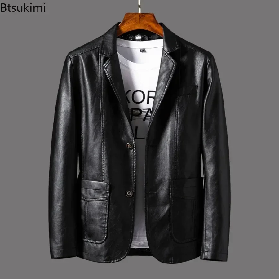 2024 Men\'s Leather Jackets Lapel Business Leather Jackets Men Pu Blazers Korean Style Slim Fashion Leather Coat Plus Size M-6XL