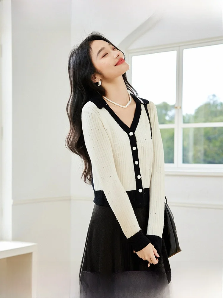 

Женский модный осенний новый кардиган с V-образным вырезом, блестящий, вязаный, с цветными блоками, утепленный, с длинными рукавами