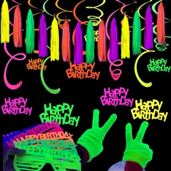 Neon Garland Streamers Black Light Gloves Glasses Cake Topper Banner UV Reactive Glow in The Dark Wedding Birthday Party Decor