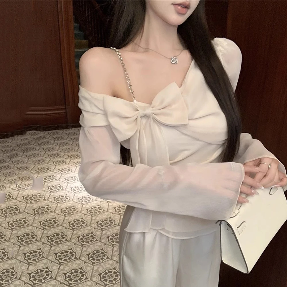 Elegant Women's Shirt Bow Chain Off Shoulder Flare Sleeve Fairy Slash Neck Blouse Spring Summer Tops Ladies Fashion Blouses Sexy