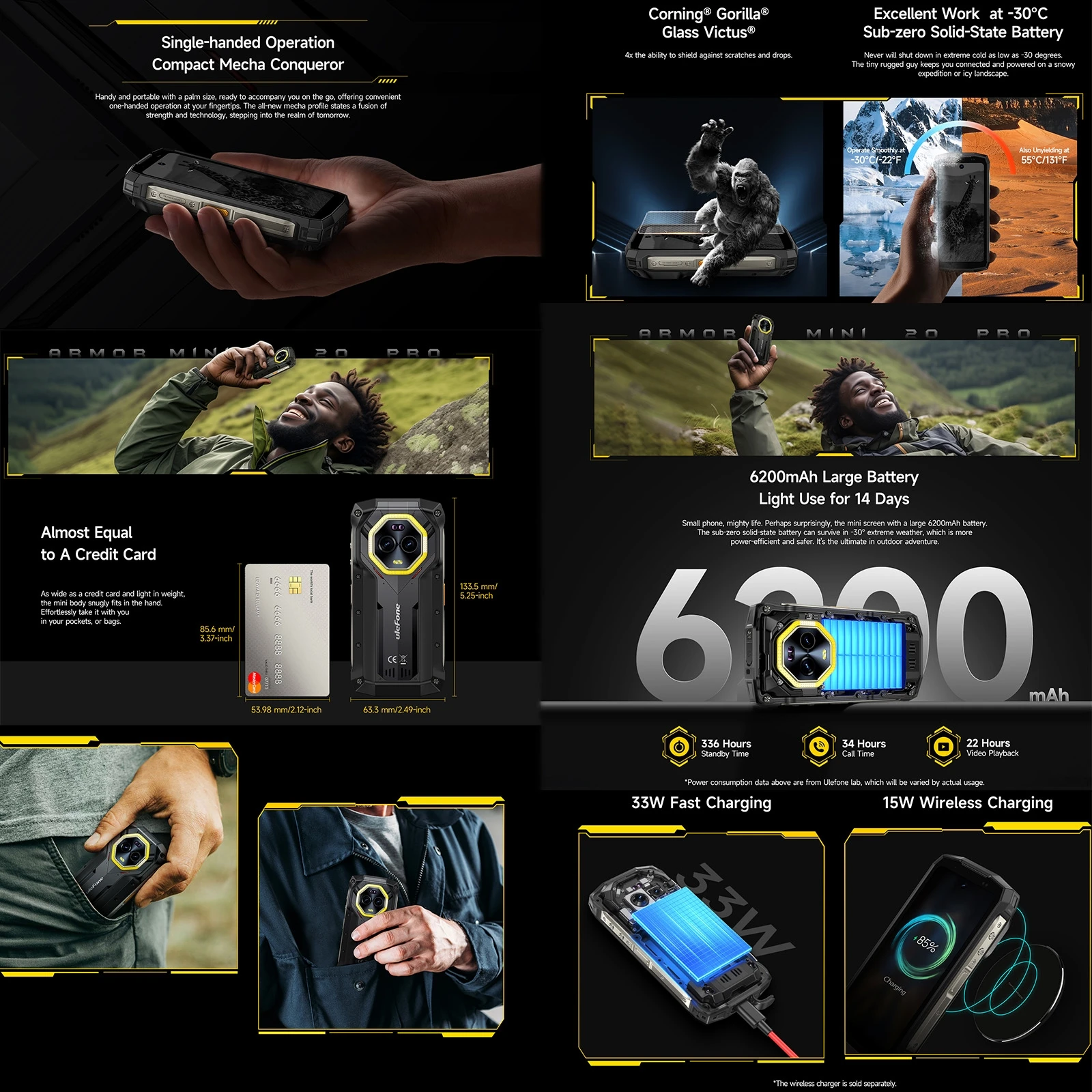 Ulefone Armor Mini 20 Pro 5G Robustes Smartphone 4,7" 64MP Nachtkamera 8GB+256GB 6200mAh Akku Android 14 Mobiltelefon LED NFC